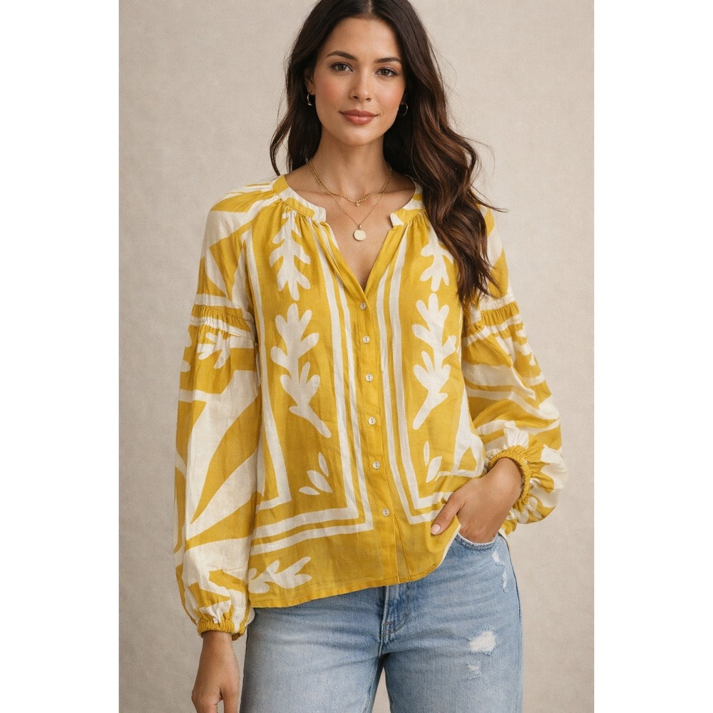 DR2 Women L Yellow White 100% Cotton Botanical Print Button Front Blouse Boho‎